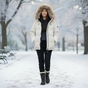 Luxurious Cream Puffer Jacket with Fur Hood EUC for women size 16